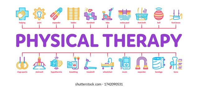 Physical Therapy And Recovery Minimal Infographic Web Banner Vector. Treadmill And Exercise Bike, Dumbbells And Ball Equipment For Physical Therapy Illustration