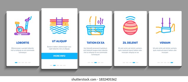 Physical Therapy And Recovery Onboarding Mobile App Page Screen Vector. Treadmill And Exercise Bike, Dumbbells And Ball Equipment For Physical Therapy Color Illustrations