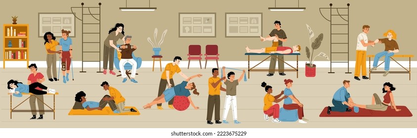 Physical therapy, rehab concept. People applying rehabilitation in clinic interior. Therapist work with disabled patients recuperate activity during physio procedure Cartoon linear vector illustration