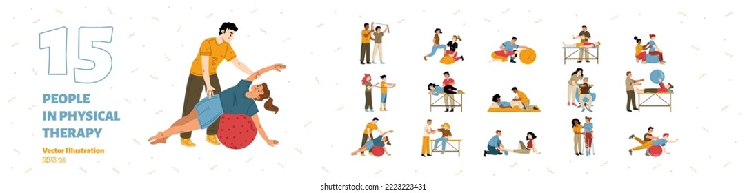 Physical therapy, rehab isolated set. People applying rehabilitation. Therapist work with disabled patients recuperate activity during physio procedures in clinic, Cartoon linear vector illustration