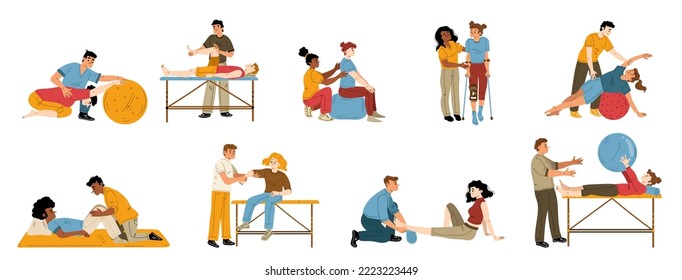 Physical therapy, rehab isolated set. People applying rehabilitation. Therapist work with disabled patients recuperate activity during physio procedures in clinic, Cartoon linear vector illustration