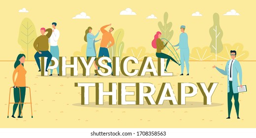 Physical Therapy Rehabilitation. Doctor or Nurse Doing Exercise with Patient Having Problem with Leg, Hand, Back after Trauma. Stretching with Equipment Flat Cartoon Vector Illustration.