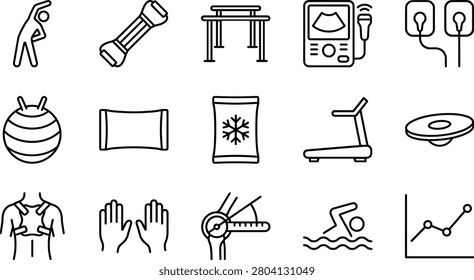 Physical Therapy Rehabilitation Icon Set Medical Exercise Equipment Vector Line Art Illustration Collection