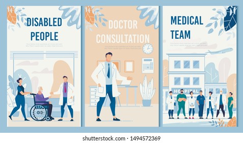 Physical Therapy and Rehabilitation Professional Services Hospital Set. Disabled People, Doctor Consultation, Medical Team Flat Flyers Collection. Healthcare and Medicine. Vector Cartoon Illustration