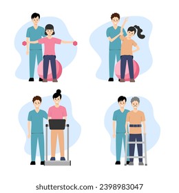 Physical therapy rehabilitation vector illustration set. Cartoon flat design. Physical therapist working on patient.