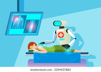 Physical therapy robot, body massage, back and knee massage. Technology in caring for patients. Robots to replace human work.