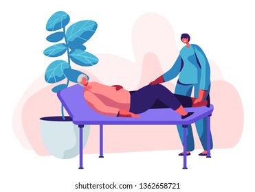 Physical Therapy Service in Nursing Home. Old Woman Lying on Couch and Young Nurse or Doctor Checking Up her Knees Procedure, Healthcare of Disable Senior People, Cartoon Flat Vector Illustration