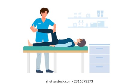 Physical therapy strengthening exercise. Medical rehabilitation in clinic. Patient doing exercise therapy and treatment services with physiotherapy. Flat vector illustration.