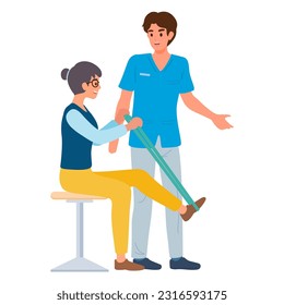 Physical therapy strengthening exercise. Medical rehabilitation in clinic. Patient doing exercise therapy and treatment services with physiotherapy. Flat vector illustration.