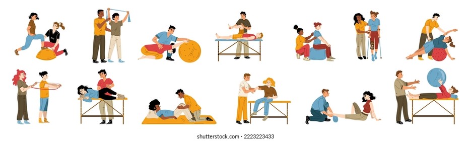 Physical therapy, treatment, massage and chiropractic. Doctors and patients on rehabilitation and recovery, doing exercises with balls, vector hand drawn illustration isolated on white background