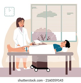 Physical Therapy. Use Of Electrodes For The Treatment Of Knee Pain. Woman Patient Is Lying On The Couch. Doctor Therapist. Modern Clinic.Vector Illustration