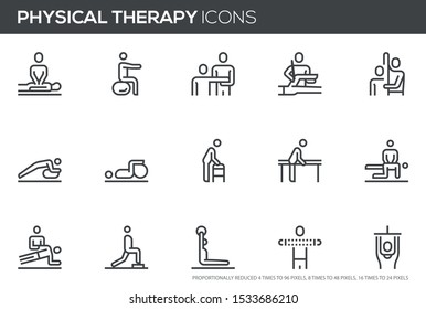 Physical Therapy Vector Line Icons Set. Rehabilitation Treatment, Therapeutic, Physiotherapy, Recuperation. Perfect pixel icons, such can be scaled to 24, 48, 96 pixels.