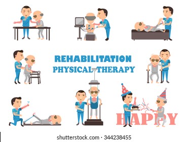 The physical therapy is working caregivers. Cartoon vector illustration.