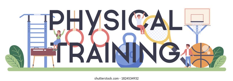 Physical training and education typographic header. Students doing excercise in the gym with sport equipment. Vector illustration