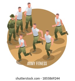 Entrenamiento físico de fuerzas especiales bajo la supervisión de un sargento. Ilustración de iconos isométricos en el fondo aislado