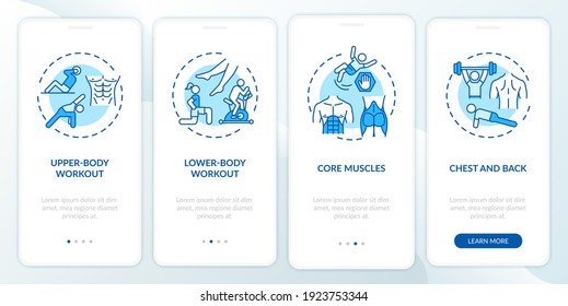 Physical training types onboarding mobile app page screen with concepts. Upper-body, lower-body workout walkthrough 4 steps graphic instructions. UI vector template with RGB color illustrations