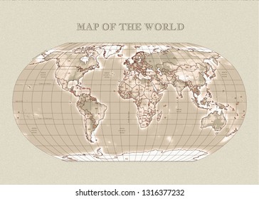 Physical vector map of the World with outlines, major capitals. Sepia
