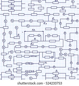 Physical vector seamless pattern with alternating current circuit schemes, handwritten on grid copybook sheet of paper, scientific research background