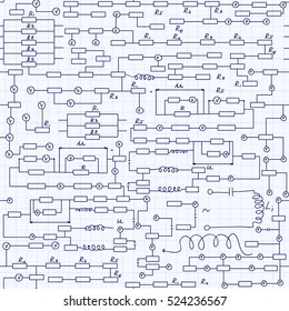Physical vector seamless pattern with alternating current circuit schemes, handwritten on grid copybook paper, scientific research background