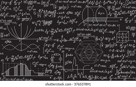 Physical vector seamless pattern with formulas, plots, equations, handwritten with chalk on a grey board 