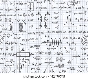 Physical vector seamless pattern with formulas, equations and figures, handwritten on a squared sheet of notebook