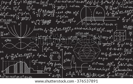 Physical vector seamless pattern with formulas, plots, equations, handwritten with chalk on a grey board 