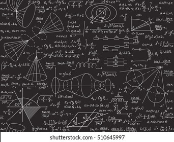 Physical vector seamless texture with formulas, calculations, figures, handwritten equations and tasks solutions, chalk writings on grey board effect