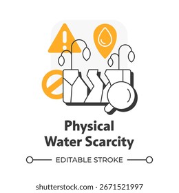 Physikalische Wasserknappheit flachen Umriss Konzept Symbol. Problem der begrenzten Verfügbarkeit für Quellen. Frischwasser-Krisenart. Moderne Liniengrafik mit gelben Glyphen. Konzeptuell visuell. Einfache Bearbeitung