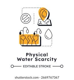 Physical water scarcity modern linear concept icon. Problem of limited availability. Freshwater crisis type. Flat outline elements connected with dotted lines. Creative visual. Easy to edit