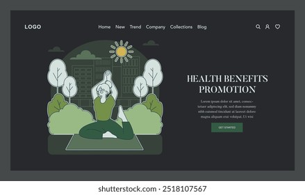 Physical wellbeing concept. Woman stretches in urban park, embracing a healthy lifestyle amidst city life. Eco-friendly living in a modern world. Vector illustration.