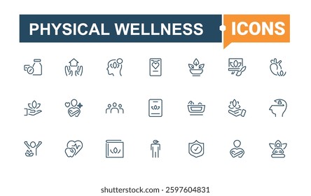 Physical Wellness icons set. Contains such icons as activity, person, health, spirit, care, herbal, relaxation, mind, mental and more. Wellness icon collection. Editable stroke. Vector illustration.