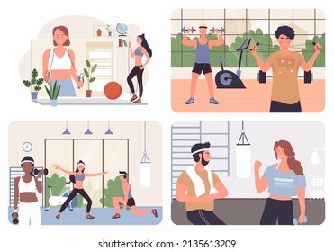 Physical workout exercises of sport people in gym set vector illustration. Cartoon woman man characters in sportswear training strength of muscles with dumbbell. Indoor healthy sport activity concept