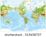 Physical World Map America Centered and Bathymetry. Highly detailed vector illustration.