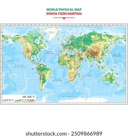 Mapa del mundo físico. Mapa del Mundo - Mapa del Vector de Relieve Topográfico Altamente Detallado. Ideal para la impresión de carteles