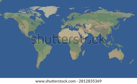 Physical world map illustration depicting different ecological biomes and terrains across continents in earthy green and brown hues.