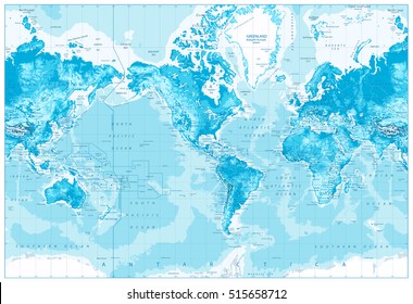 Physical World Map-America Centered-Physical World Map In Colors of Blue.