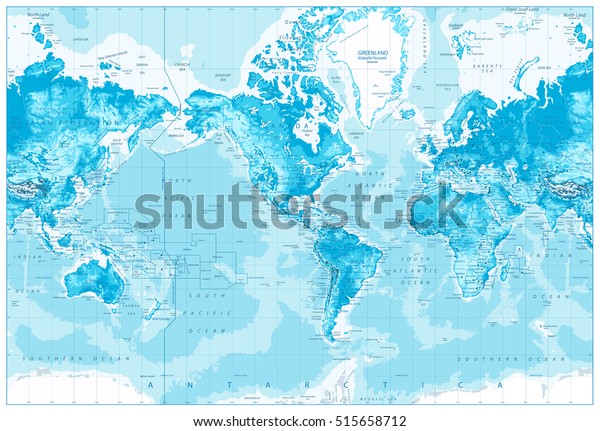 物理世界地図 アメリカ中心 物理世界地図 青の色 のベクター画像素材 ロイヤリティフリー