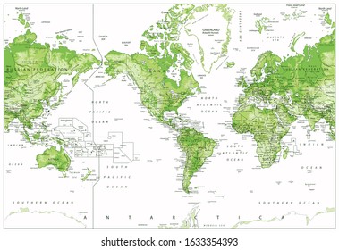 Physical World Map-America Centered-World Map In Colors of Green Isolated on white