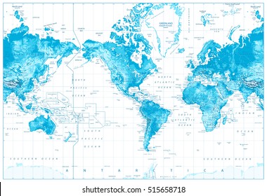 Physical World Map-America Centered-World Map In Colors of Blue-Isolated on White.