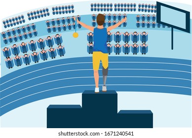 Physically disabled sportsman, runner with prosthetic leg with medal on podium, crowd of people cheering. Flat Vector Illustration.