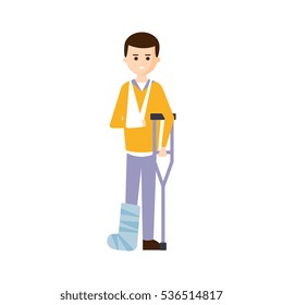 Physically Handicapped Person Living Full Happy Life With Disability Illustration With Smiling Guy With Broken Leg And Arm