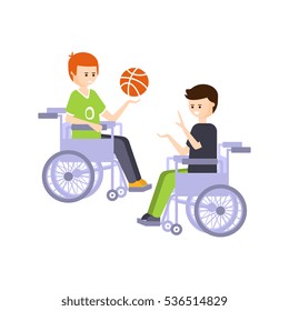 Physically Handicapped Person Living Full Happy Life With Disability Illustration With Smiling Guys In Wheelchairs Playing Basketball
