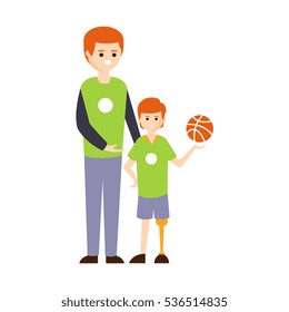 Physically Handicapped Person Living Full Happy Life With Disability Illustration With Smiling Boy On Prosthetic Leg And His Dad