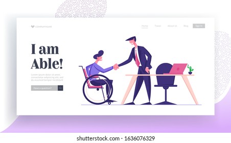 Physically Handicapped Worker Employment Website Landing Page. Disabled Man in Wheelchair Shaking Hand with Partner or Boss in Office, Hiring at Work Web Page Banner. Cartoon Flat Vector Illustration