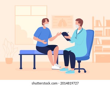 Physician appointment during pandemic flat color vector illustration. Counseling for young adults. Adolescent medicine doctor and patient 2D cartoon characters with consulting office on background