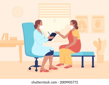 Physician appointment flat color vector illustration. Providing diagnosis and treatment plan. Doctor gathering information from patient 2D cartoon characters with hospital environment on background