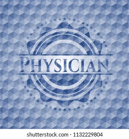 Physician blue badge with geometric background.