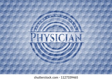 Physician blue emblem with geometric background.