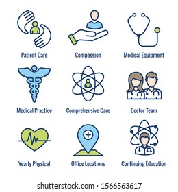 Physician Care Icon Set with the medical, patient, and health care, etc