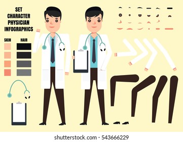 Physician character creation set. Build your own design. Cartoon vector flat-style infographic illustration
